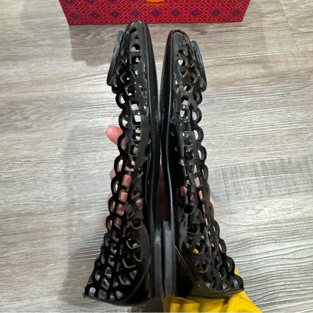 Tory Burch Mira Soft Black Patent Leather Logo Ballet Flats